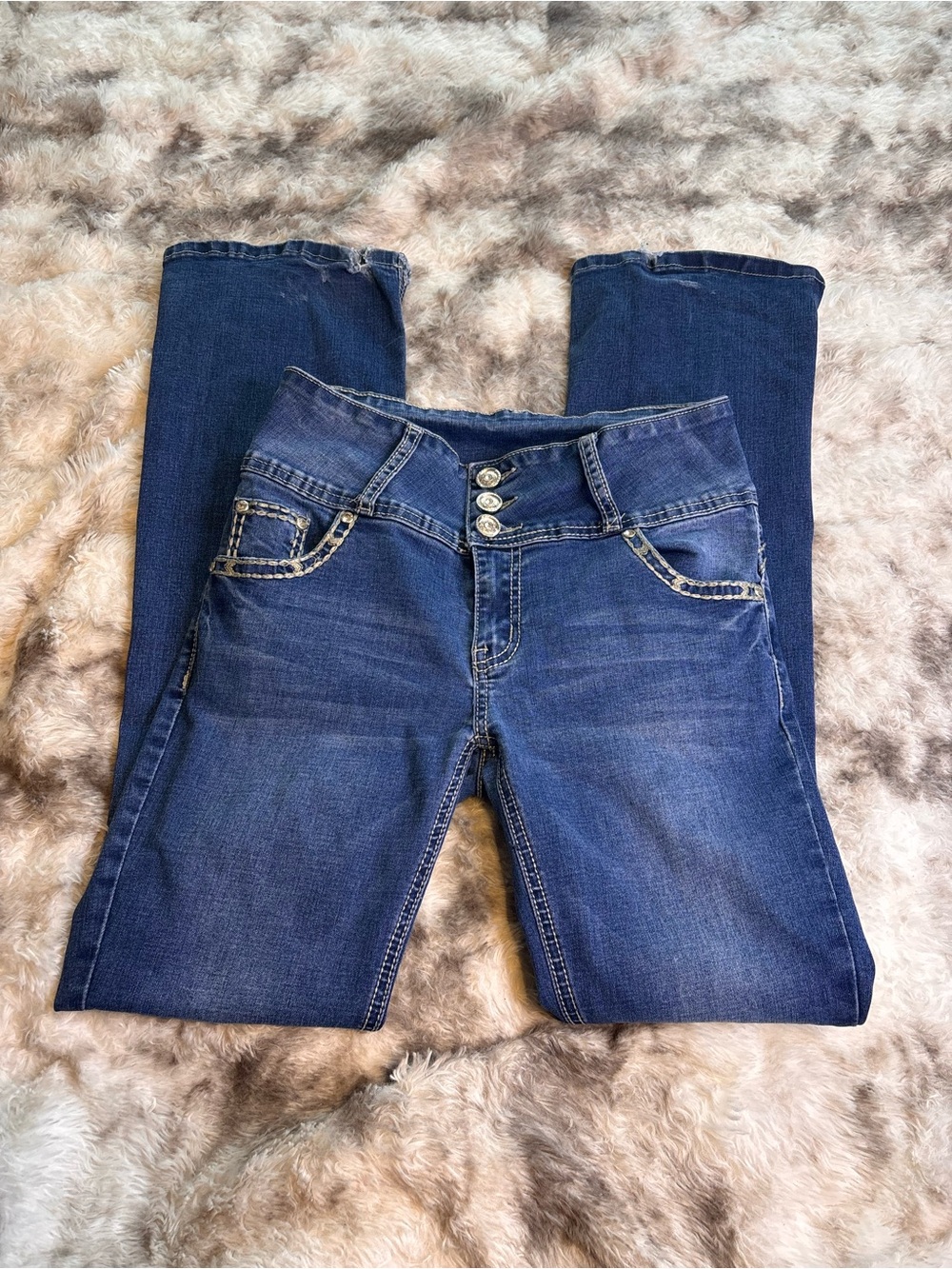Dark Blue Boot Cut Jeans with Triple Button Waist